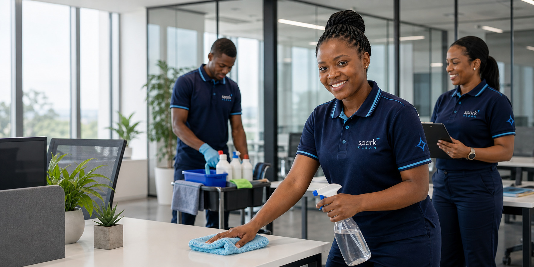 Spark Klean staff in navy uniforms cleaning a bright modern office